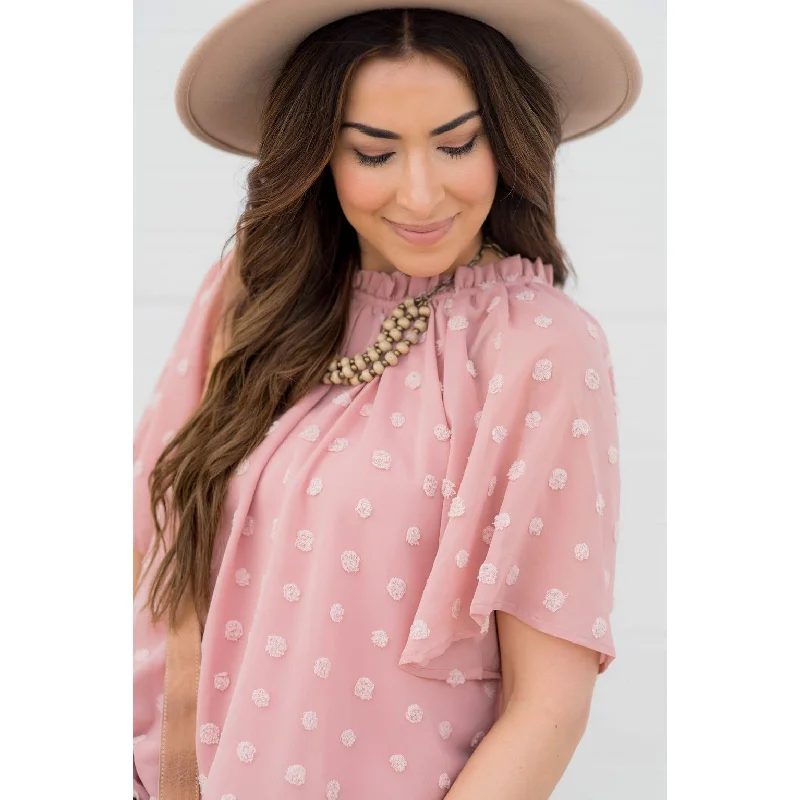 Textured Dot Cinch Neck Tunic Blouse