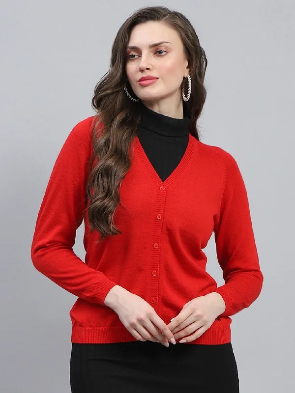 Women Red Solid V Neck Full Sleeve Cardigan