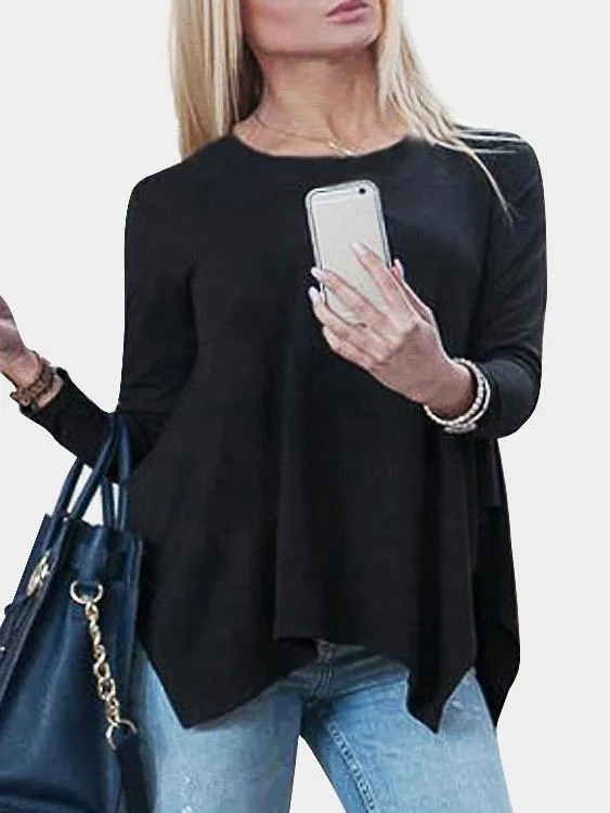 Custom Round Neck Pleated Long Sleeve Irregular Hem Black T-Shirts