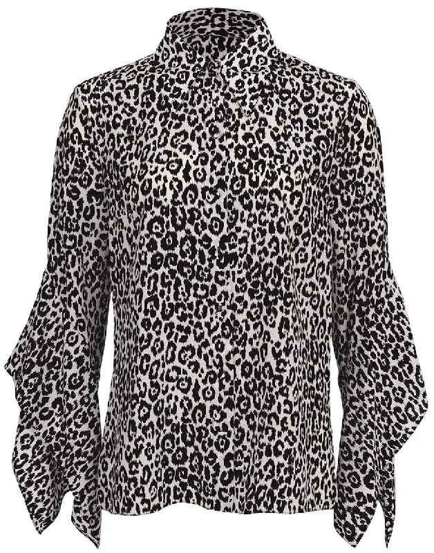 Leopard Silk Draped-Sleeve Blouse